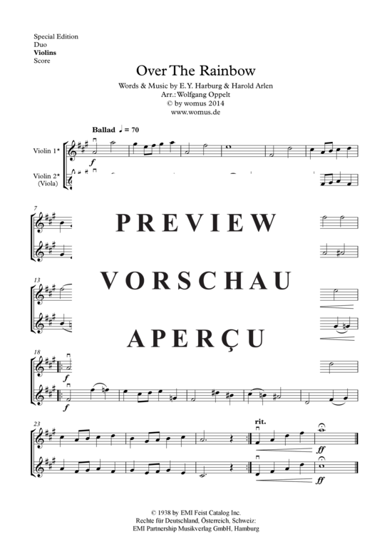 Over The Rainbow (Violinen Duo) (Duett (Violine)) von Arlen Harburg (arr. WO)