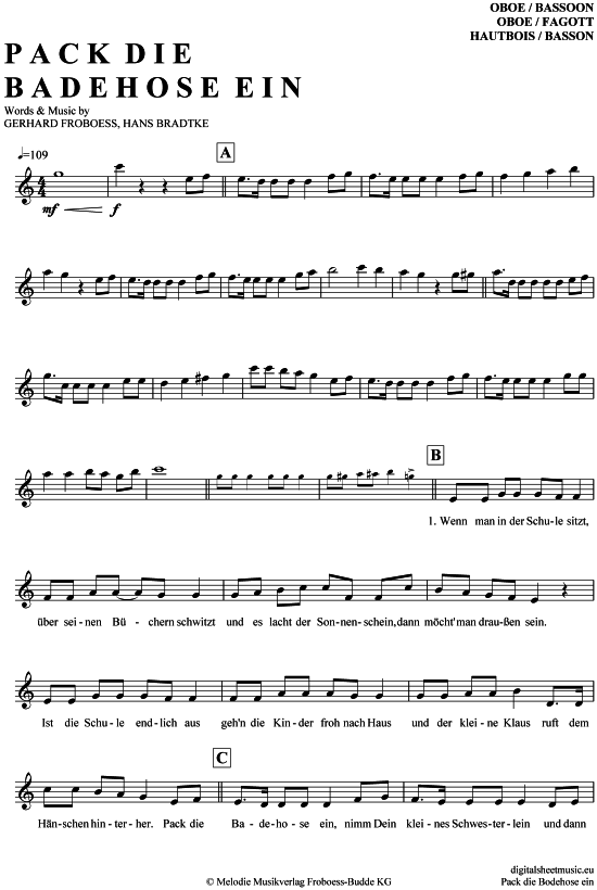 Pack die Badehose ein (Oboe  Fagott) () von Conni Froboess