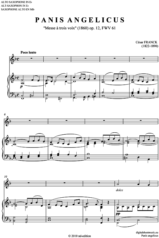 Panis angelicus (Alt-Sax + Klavier) (Klavier  Alt Saxophon) von Cesar Franck (1822-1890)