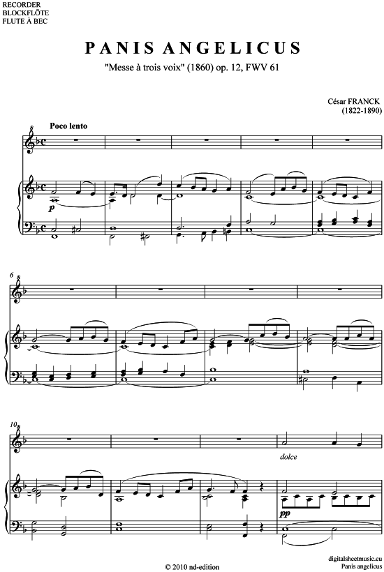 Panis angelicus (Blockfl te + Klavier) (Klavier  Blockfl te) von Cesar Franck (1822-1890)