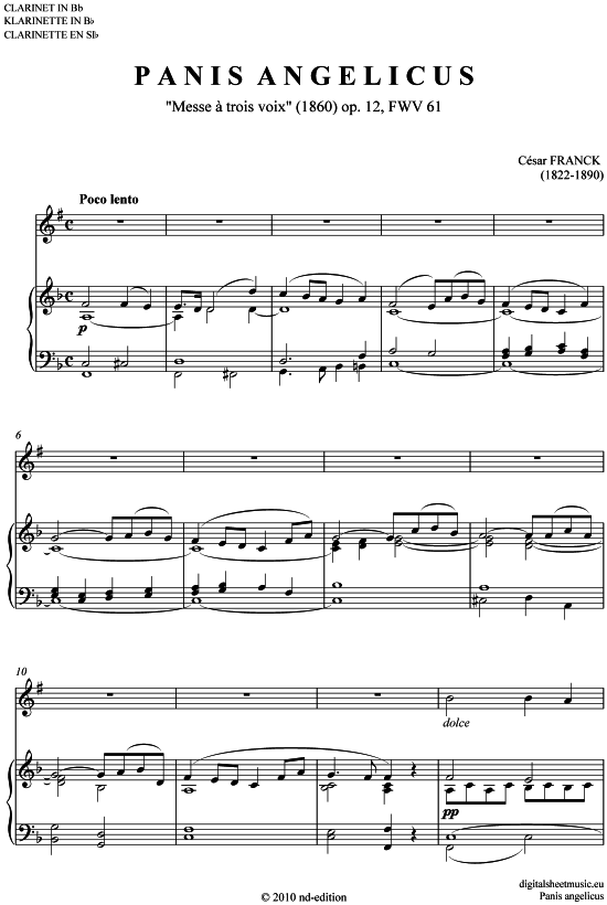 Panis angelicus (Klarinette in B + Klavier) (Klavier  Klarinette) von Cesar Franck (1822-1890)