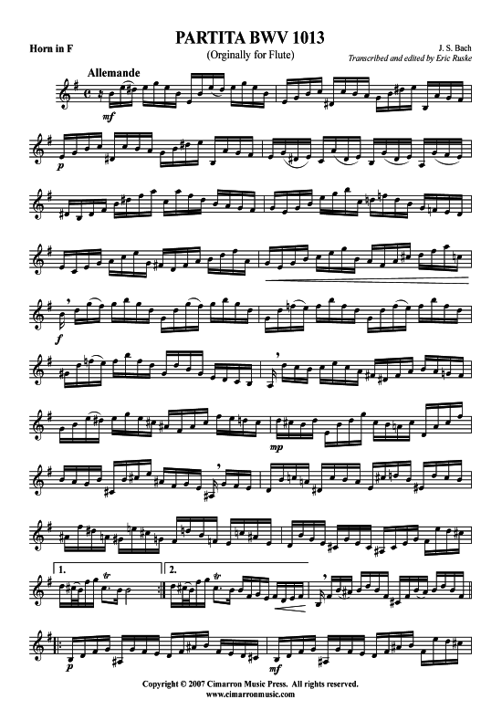 Partita in A-Moll (Horn in F Solo) (Horn in F) von J. S. Bach (BMV 1013)