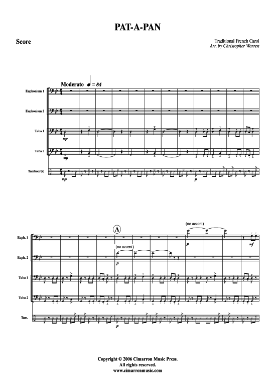 Pat-a-Pan (Tuba Quartett 2x Bariton 2xTuba opt. Percussion) (Quartett (Tuba)) von Traditional