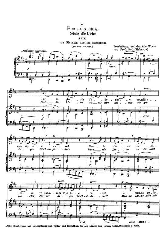 Per la gloria d acute adorarvi (Gesang tief + Klavier) (Klavier  Gesang tief) von Giovanni Bononcini
