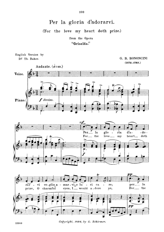 Per la gloria d adorarvi (Gesang mittel + Klavier) (Klavier  Gesang mittel) von Giovanni Bononcini