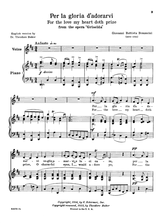 Per la gloria d adorarvi (Gesang tief + Klavier) (Klavier  Gesang tief) von Giovanni Battista Bononcini