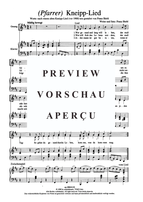 Pfarrer Kneipp-Lied (mehrere Stimmen + Klavier) (Gemischter Chor) von Franz Biebl