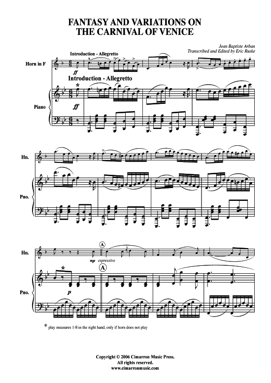 Phantasie und Variationen (Horn in F + Klavier) (Klavier  Horn) von J. Arban (aus Karneval von Venedig)