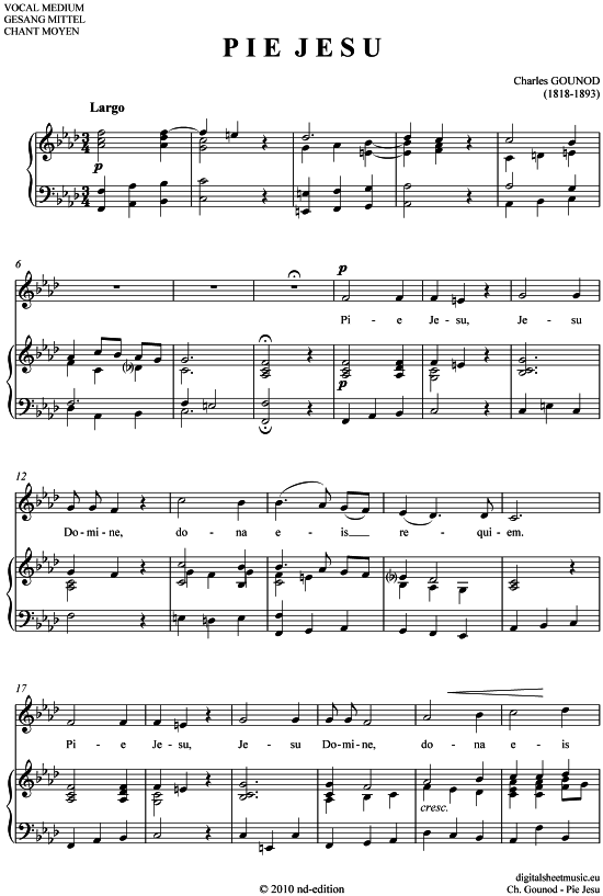 Pie Jesu (mittel C - Es ) (Klavier  Gesang) von Charles Gounod (1818-1893)