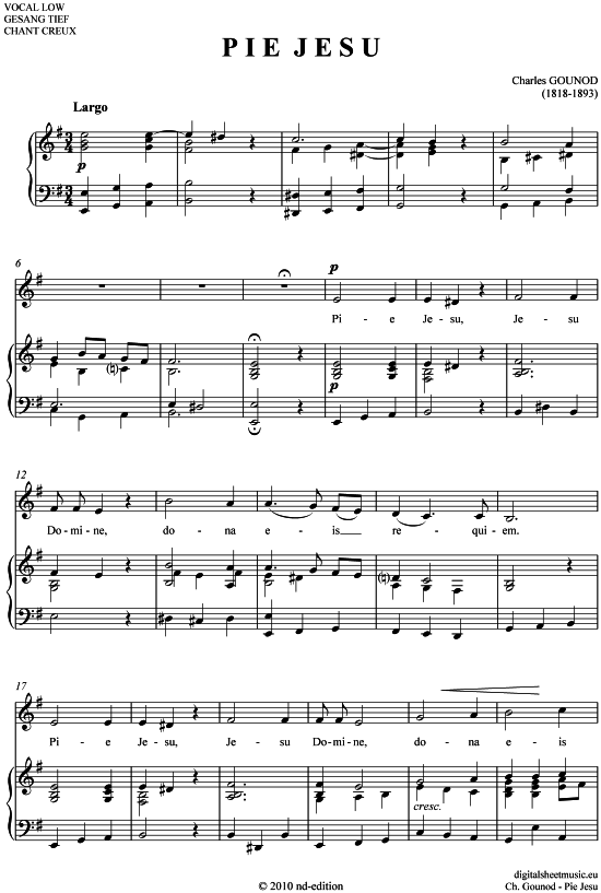 Pie Jesu (tief H - E ) (Klavier  Gesang) von Charles Gounod (1818-1893)