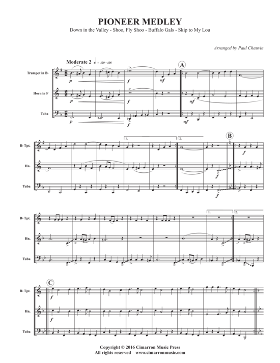 Pioneer Medley (Blechbl auml ser Trio f uuml r Trompete in B Horn in F oder Posaune + Tuba) (Trio (Blech Brass)) von Arr. Paul Chauvin