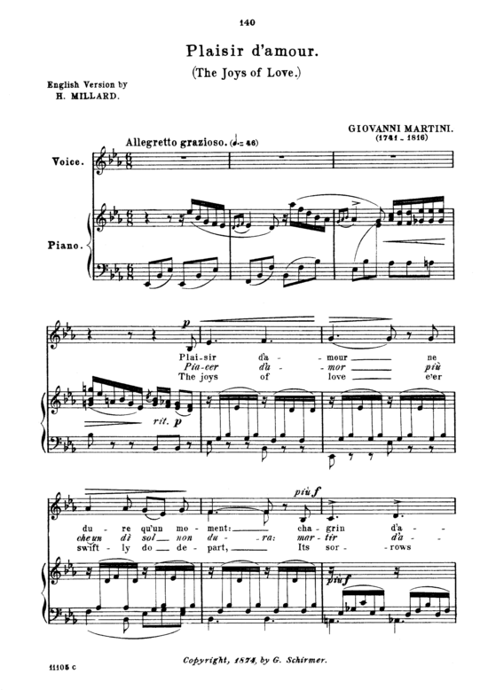 Plaisir d amour (Gesang tief + Klavier) (Klavier  Gesang tief) von Giovanni Martini