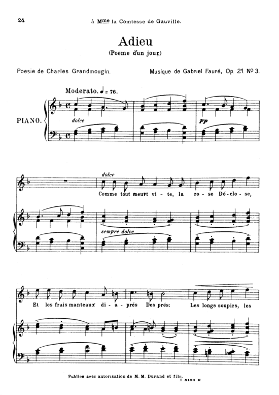 Po egrave me d acute un jour (Adieu) Op.21 No.3 (Gesang hoch + Klavier) (Klavier  Gesang hoch) von Gabriel Faur eacute 