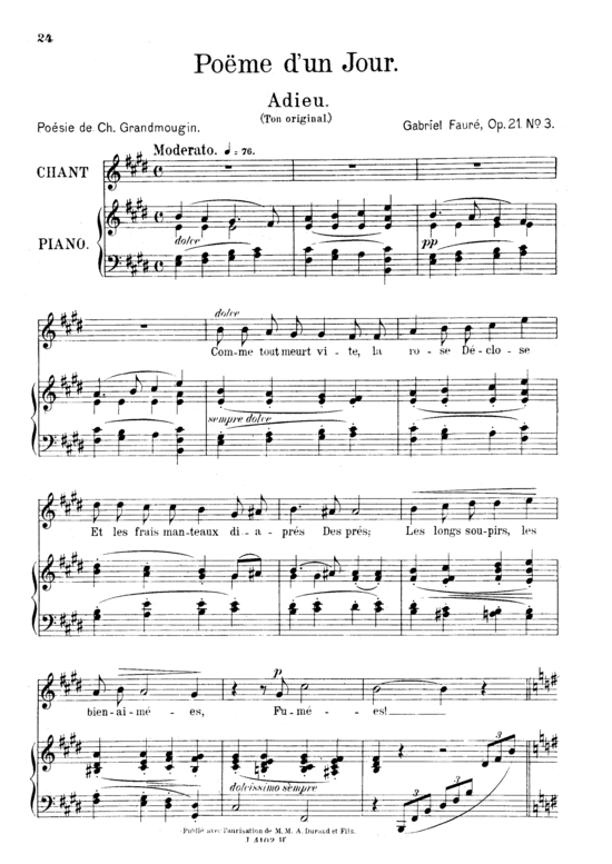 Po egrave me d acute un jour (Adieu) Op.21 No.3 (Gesang mittel + Klavier) (Klavier  Gesang mittel) von Gabriel Faur eacute 