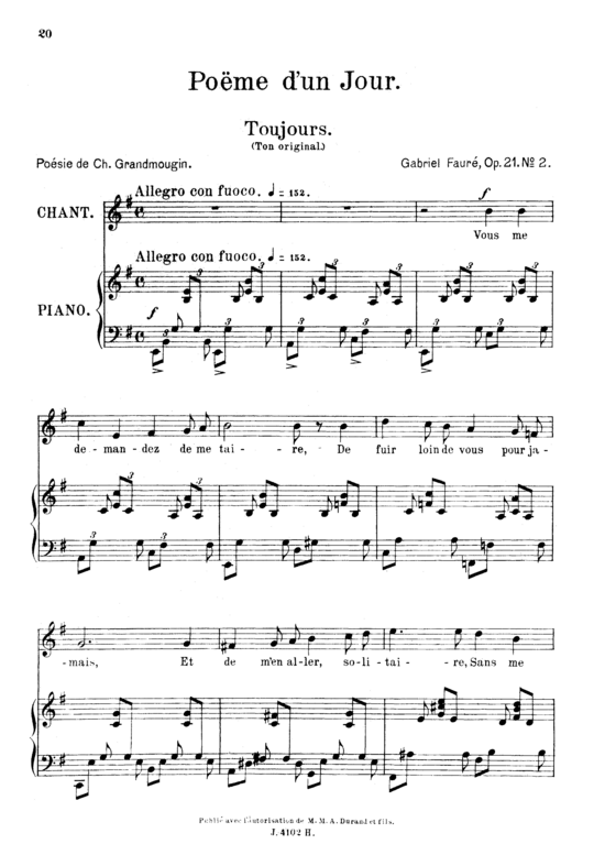 Po egrave me d acute un jour (Toujours) Op.21 No.2 (Gesang mittel + Klavier) (Klavier  Gesang mittel) von Gabriel Faur eacute 