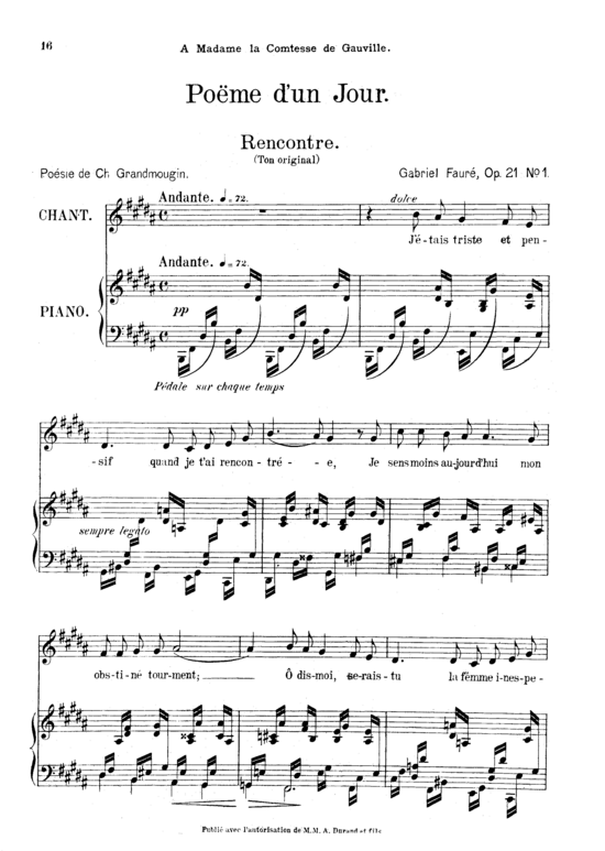 Po me d un jour (Rencontre) Op.21 No.1 (Gesang mittel + Klavier) (Klavier  Gesang mittel) von Gabriel Faur 