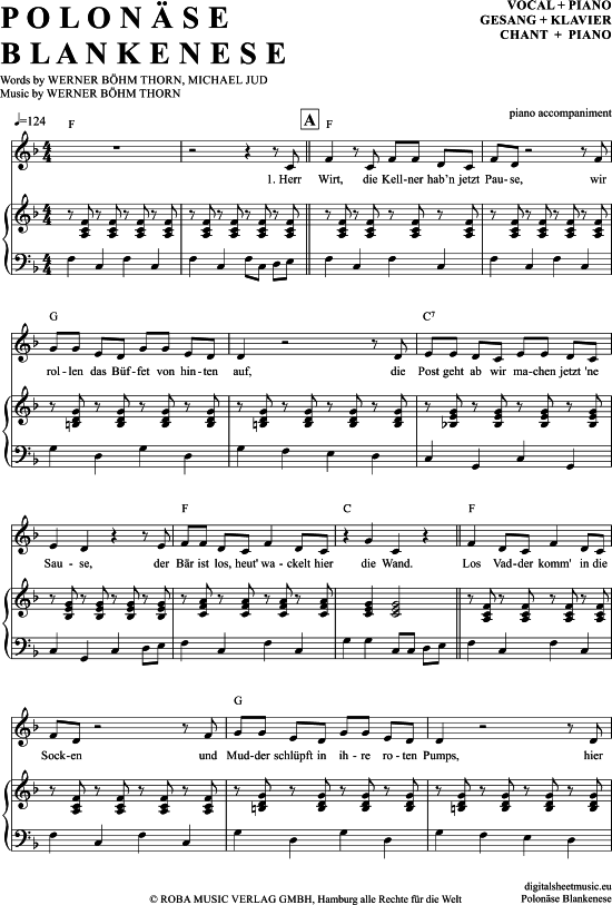 Polon se Blankenese (Klavier Begleitung + Gesang) (Klavier Gesang  Gitarre) von Gottlieb Wendehals