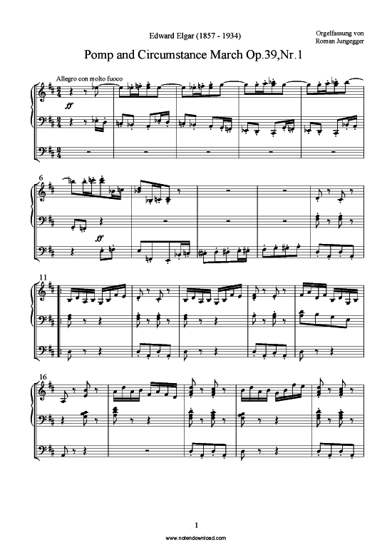 Pomp and Circumstance March 1 (Orgelfassung) (Orgel Solo) von Edward Elgar (arr. Jungegger)