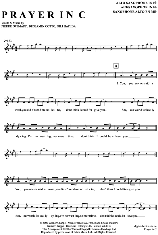 Prayer in C (Alt-Sax) (Alt Saxophon) von Lilly Wood amp The Prick and Robin Schulz