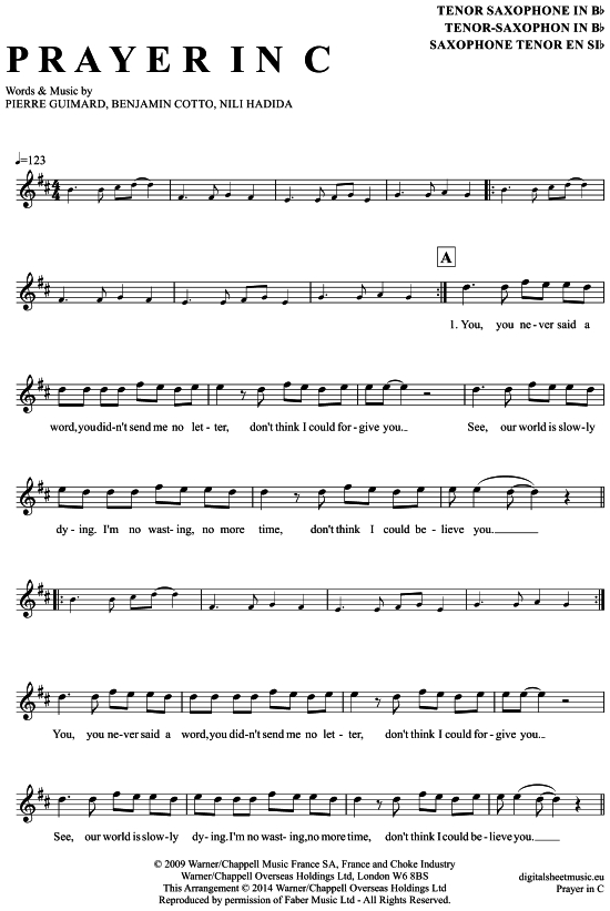 Prayer in C (Tenor-Sax) (Tenor Saxophon) von Lilly Wood amp The Prick and Robin Schulz