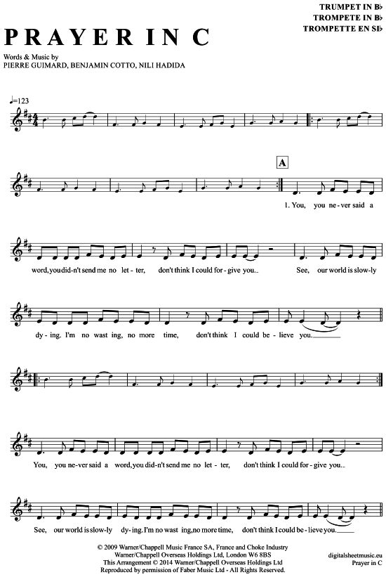 Prayer in C (Trompete in B) (Trompete) von Lilly Wood amp The Prick and Robin Schulz