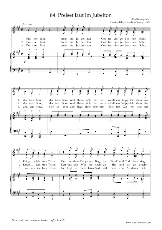 Preiset laut im Jubelton (Psallite unigenito) (Klavier + Gesang) (Klavier  Gesang) von Weihnachtslied aus Paderborn