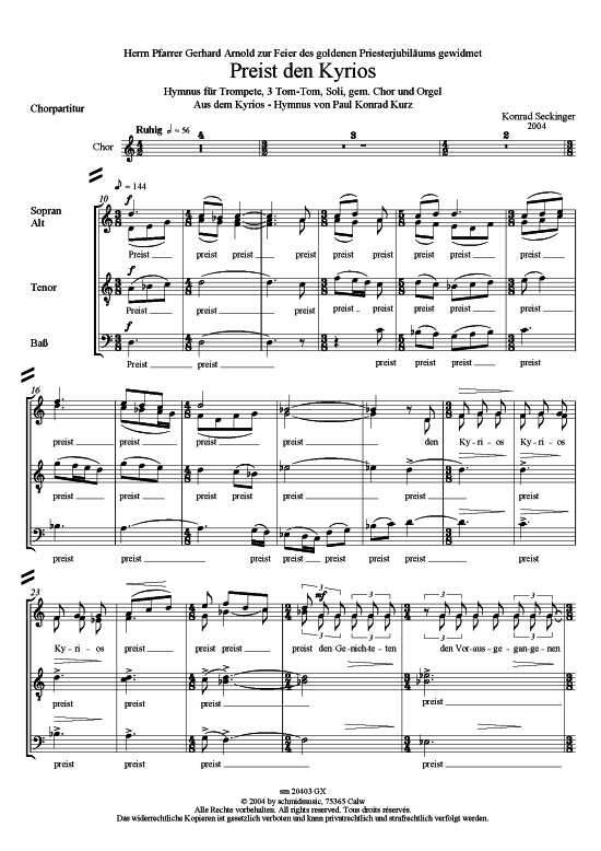 Preist den Kyrios Chorpartitur (Gemischter Chor Soli Trompete + Orgel) (Gemischter Chor Soli Orgel) von Konrad Seckinger (2003)
