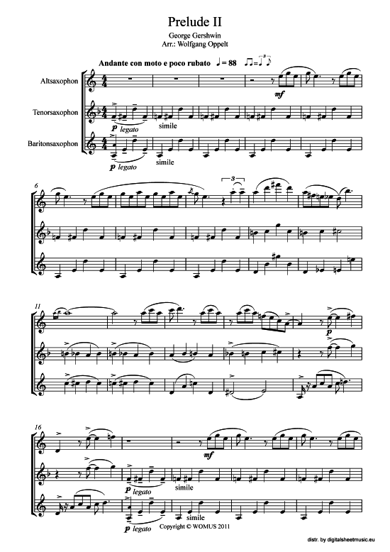 Prelude II (Saxophon Trio ATB) (Trio (Saxophon)) von George Gershwin (arr. WO)