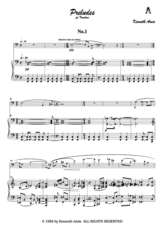 Preludes f uuml r Posaune Nr. 1-5 (Posaune + Klavier) (Klavier  Posaune) von Kenneth Amis