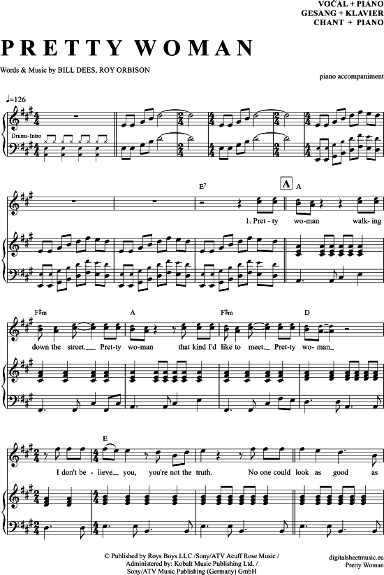 Pretty Woman (Klavier Begleitung + Gesang) (Klavier Gesang  Gitarre) von Roy Orbison