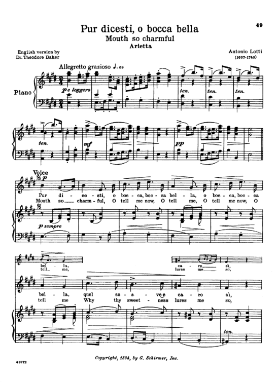 Pur dicesti o boca bella (Gesang hoch + Klavier) (Klavier  Gesang hoch) von Antonio Lotti