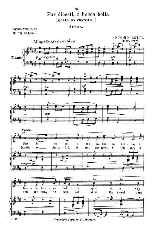 Pur dicesti o boca bella (Gesang mittel + Klavier) (Klavier  Gesang mittel) von Antonio Lotti