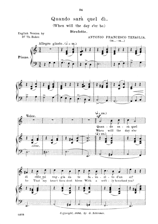Quando sar quel d (Gesang mittel + Klavier) (Klavier  Gesang mittel) von Antonio Tenaglia