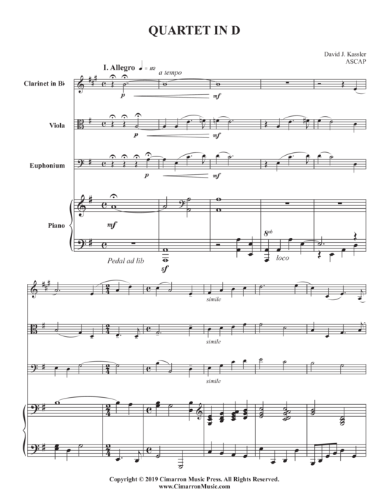Quartet in D (Quartett f uuml r Klarinette in B Viola Euphonium + Klavier) (Quartett (Klavier  3 St.)) von David Kassler