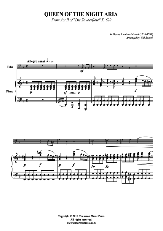 Queen of the Night Aria (Tuba + Klavier) (Klavier  Tuba) von W. A. Mozart (aus Die Zauberfl ouml te)