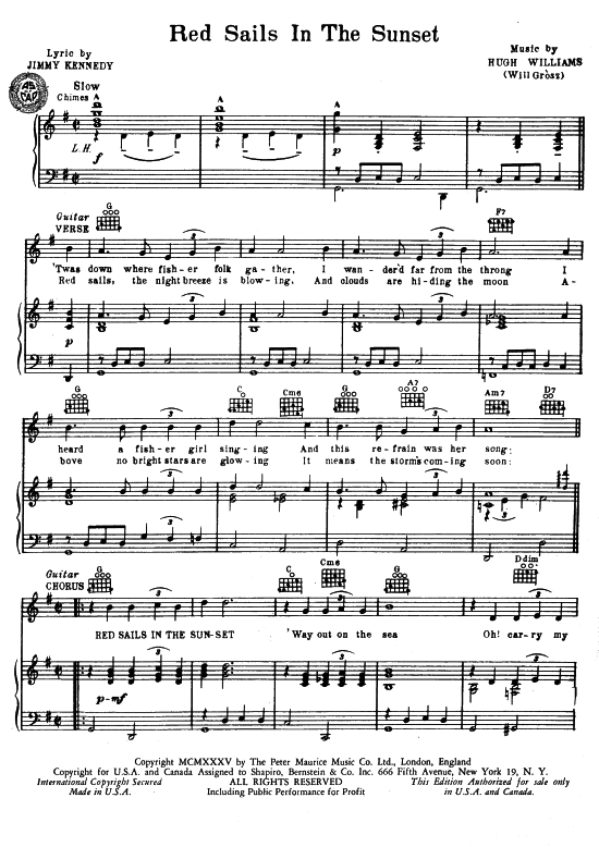 Red Sails In The Sunset (Klavier + Gesang) (Klavier Gesang  Gitarre) von Guy Lombardo Bing Crosby Jack Jackson 