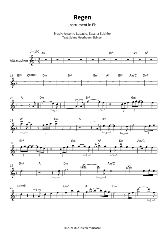 Regen - Instrument in Eb (Alt-Saxophon in Es) (Leadsheet) (Alt Saxophon) von Duo Stiehler Lucaciu