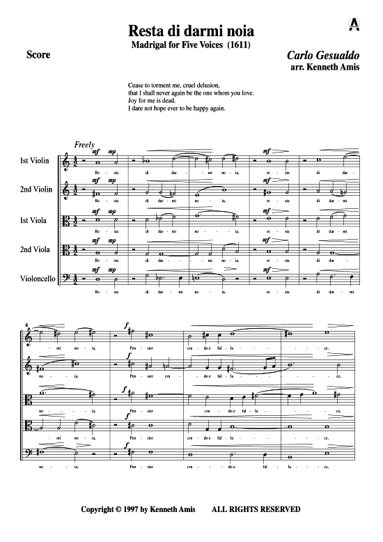 Resta di darmi noia (Streichquintett) (Quintett (Streicher)) von Carlo Gesualdo (Madrigale 1611)