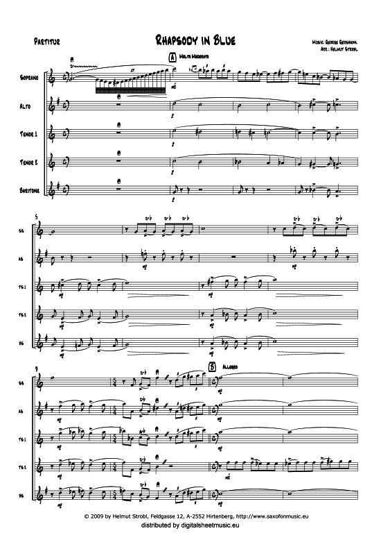 Rhapsody in Blue (Gershwin) (Quintett (Saxophon)) von arr. Helmut Strobl - Saxophonquintett (SATTB)