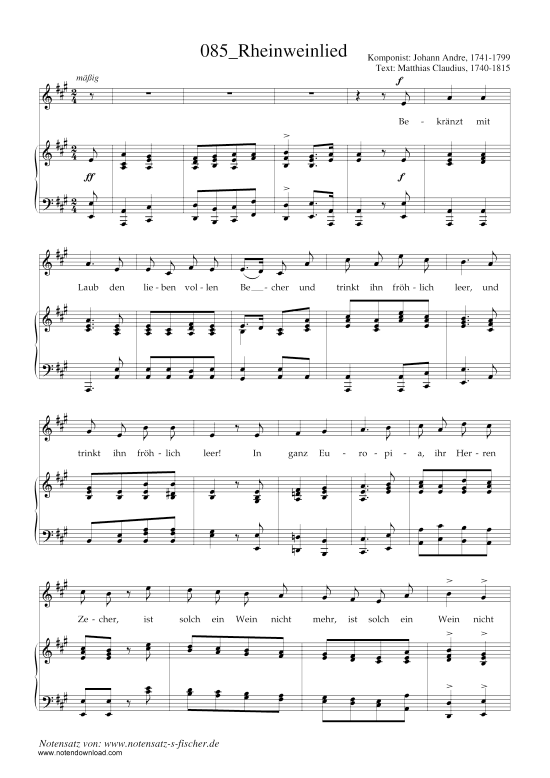 Rheinweinlied (Klavier + Gesang) (Klavier  Gesang) von Johann Andre (1741-1799)