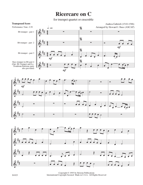 Ricercare (4 3 Trompeten in B und 1 Basstrompete Posaume) (opt. Bass-Stimme f r Teil 4) (Quartett (Trompete)) von Andrea Gabrieli