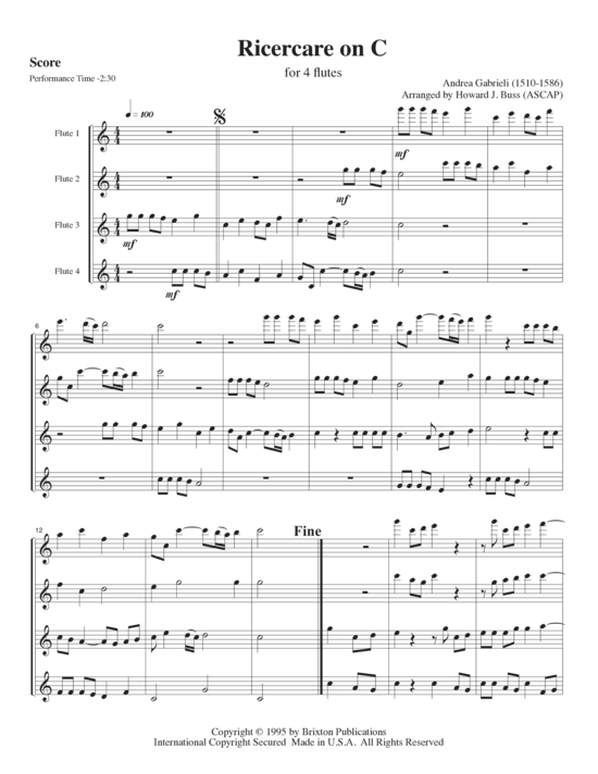 Ricercare on C (4 Fl ten in C) (Quartett (Fl te)) von Andrea Gabrieli