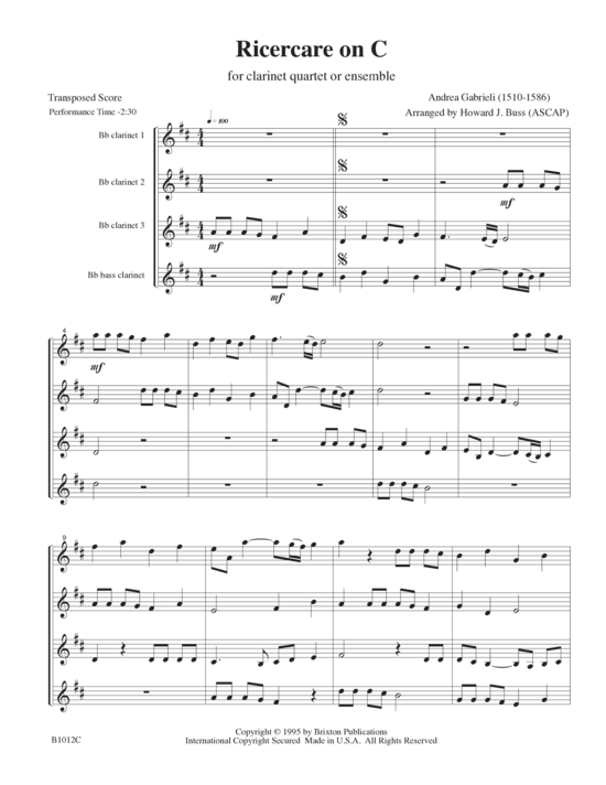 Ricercare on C (4 Klarinetten (3 Klarinetten in B und eine Bassklarinette)) (Quartett (Klarinette)) von Andrea Gabrieli