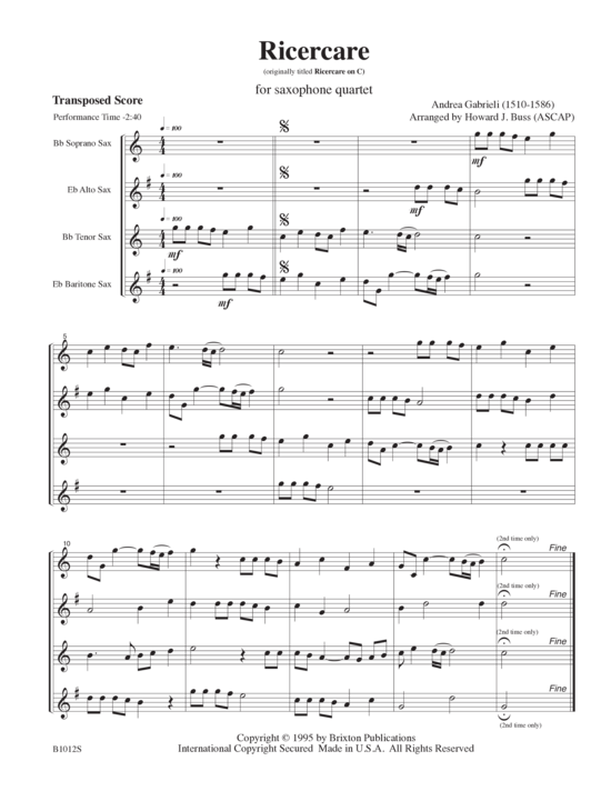 Ricercare (Saxophonquartett SATB) (Quartett (Saxophon)) von Andrea Gabrieli
