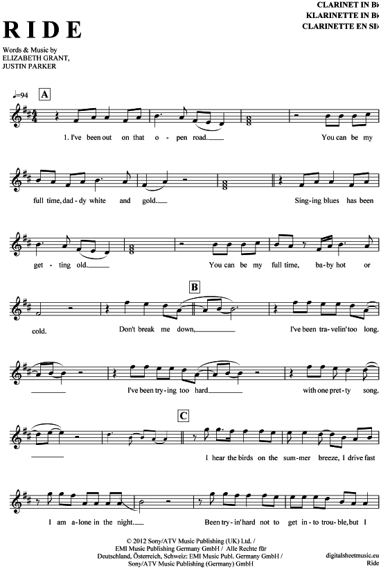 Ride (Klarinette in B) (Klarinette) von Lana del Rey