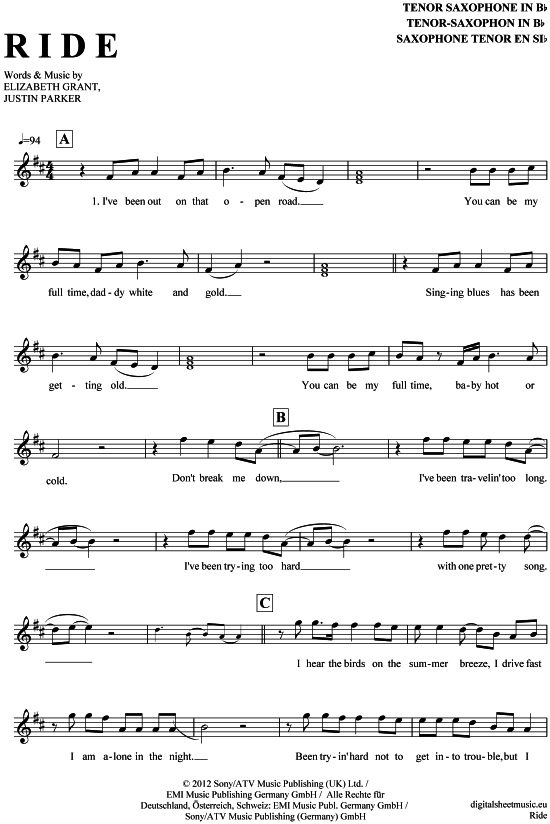 Ride (Tenor-Sax) (Tenor Saxophon) von Lana del Rey