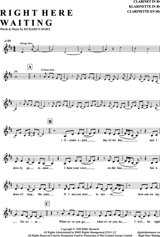 Right Here Waiting (Klarinette in B) (Klarinette) von Richard Marx