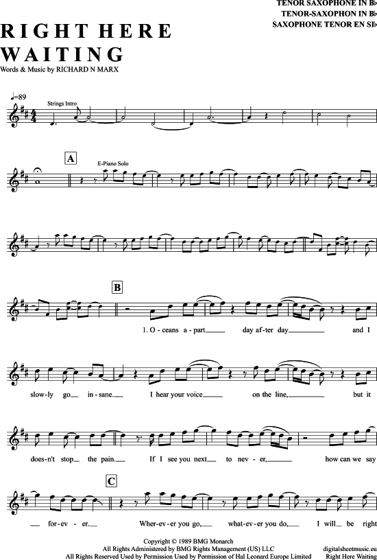 Right Here Waiting (Tenor-Sax) (Tenor Saxophon) von Richard Marx