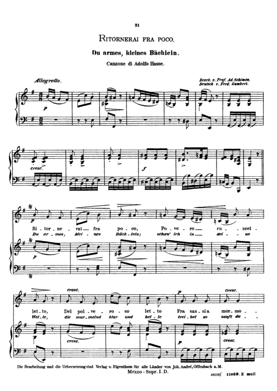 Ritornerai fra poco (Gesang mittel + Klavier) (Klavier  Gesang mittel) von Johann Adolph Hasse