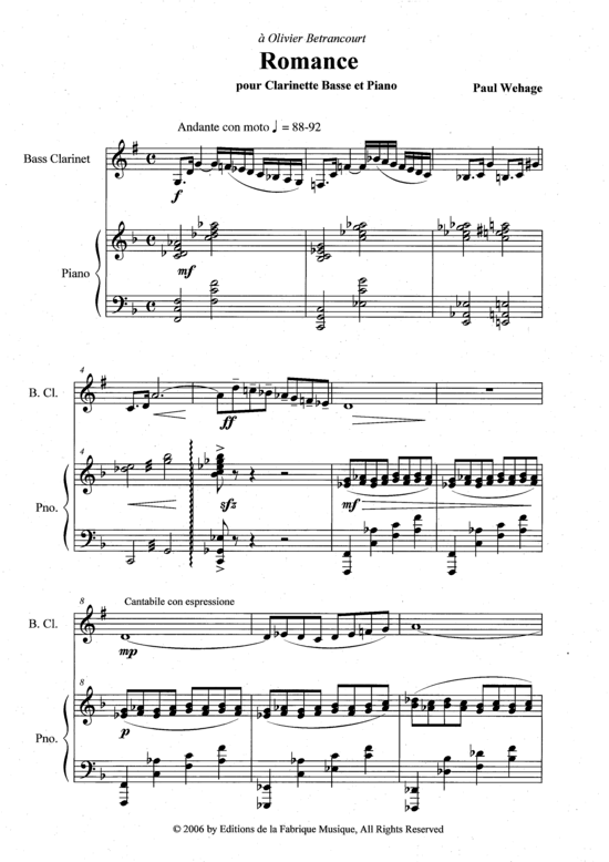 Romance (Bass Klarinette + Klavier) (Klavier  Bass Klarinette) von Paul Wehage